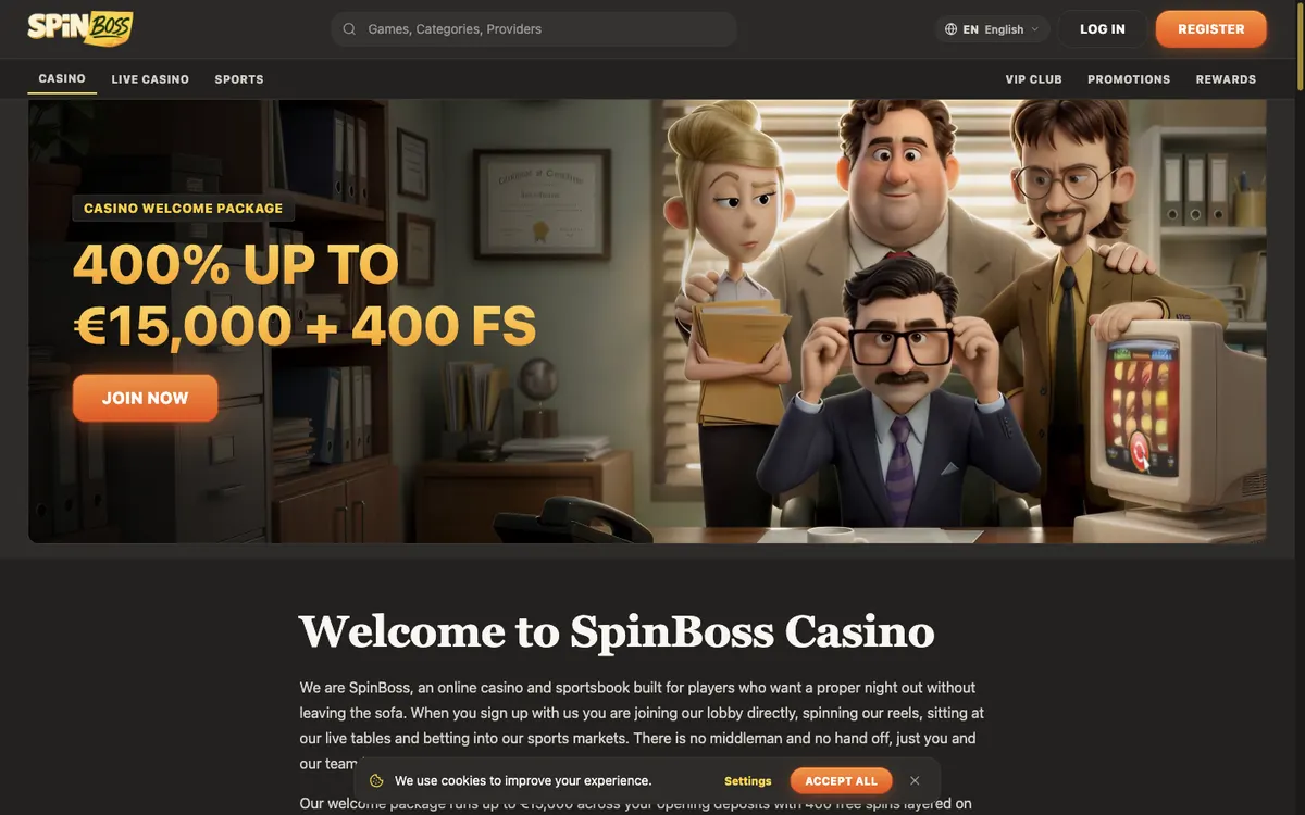 SpinBoss – home page (English interface), spinboss.live, 2026-09-07